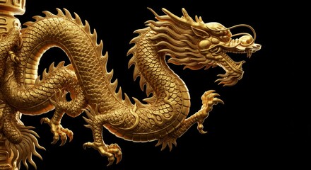 Obraz premium Golden Dragon Statue Decorative Art - Majestic golden dragon, symbol of power, good fortune, strength, wisdom, and prosperity. A decorative art piece