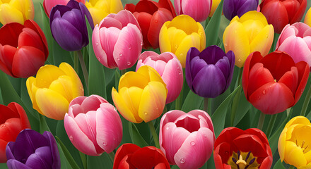 Fototapeta premium Colorful Tulip Field Background in Soft Morning Light