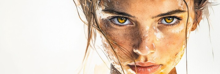 Watercolor Close-up Portrait: Strength and Resilience - A young woman's intense gaze, captured in a watercolor close-up. Symbolizing strength, determination, resilience, beauty, and vulnerability