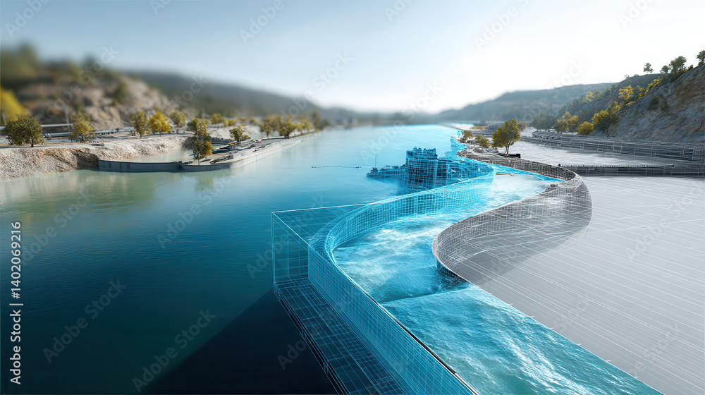 Poster digital twin representation of hydropower dam highlights its design and functionality, showcasing re