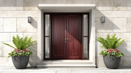 A sleek front door of a modern home, made of dark mahogany wood and set against a soft ivory stone wall