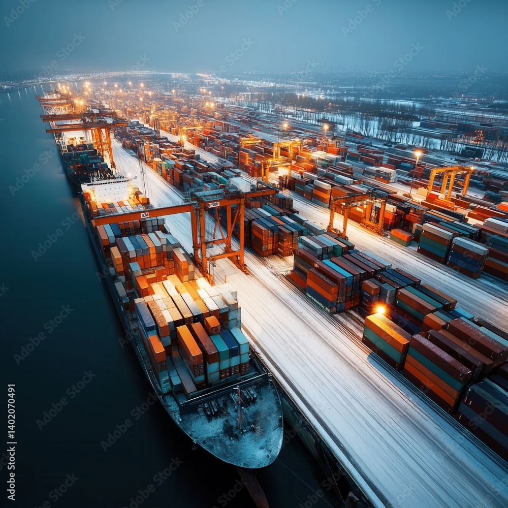 Aufkleber a nighttime view of a busy shipping port, filled with colorful containers and illuminated cranes, de
