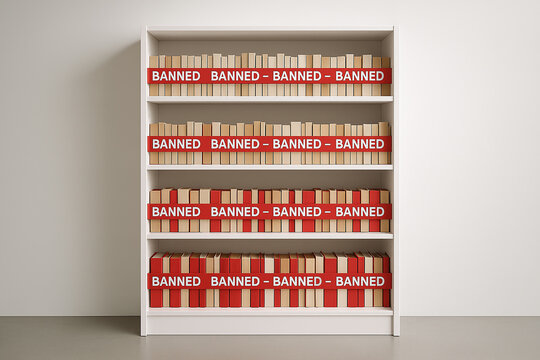A bright modern library shelf is covered entirely in red “BANNED” tape, highlighting aggressive censorship and book restriction. - Powered by Adobe