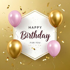 Elegant Happy Birthday Balloons Background with Gold Confetti Festive Greeting Card Design.