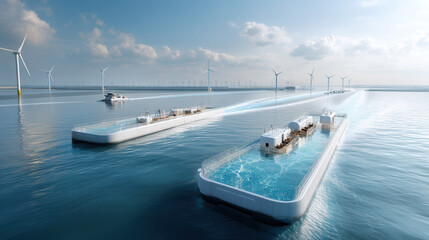 Obraz premium Futuristic waterborne transport powered by renewable energy, featuring wind turbines and innovative vessel designs