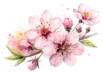 Obraz premium Pink Blossom Watercolor Painting: Delicate pink almond blossoms in full bloom, artfully rendered in watercolor, creating a serene and romantic atmosphere.