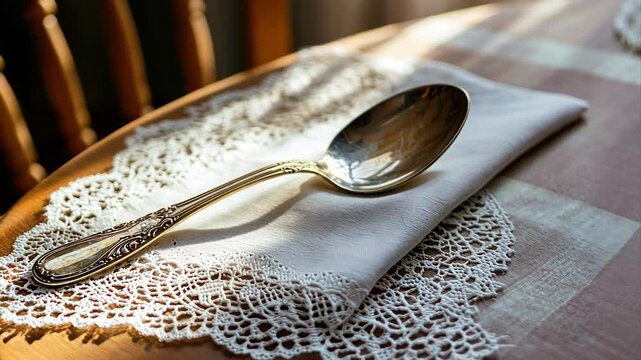 Ornate silver spoon rests on a linen napkin atop a lace doily on a wooden table