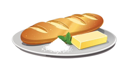 Baguette bread served with Butter & Sea Salt - Vector Illustration