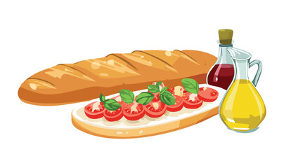 Baguette bread and bruschetta with tomatoes basil and olive oil - Vector Illustration
