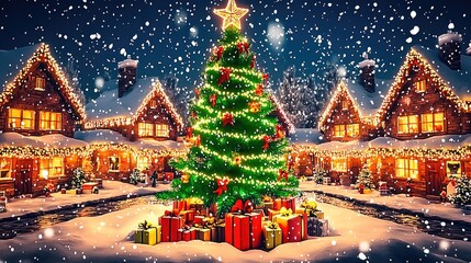 Festive Christmas village scene under snowfall.  Cozy houses with warm lights, a grand Christmas tree, and presents in the snow