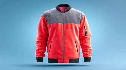 bold, futuristic bomber jacket in neon red and black, featuring stylish design with zippered front and unique textures, perfect for modern fashion enthusiasts