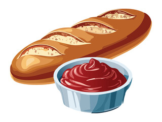 Baguette bread and Dipping Sauce - Vector Illustration
