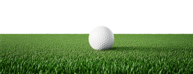 golf ball on horizon of artificial turf isolated on white