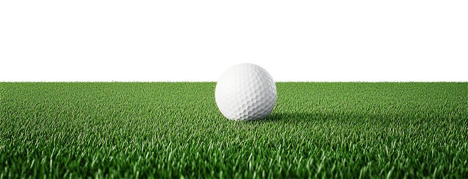 golf ball on horizon of artificial turf isolated on white