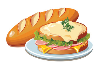 Baguette bread and Croque Monsieur Ham Cheese sauce - Vector Illustration