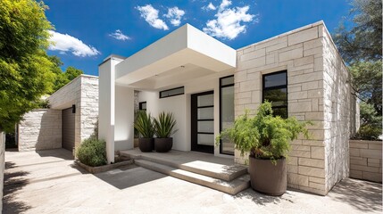 A sleek modern house with soft white aluminum door frames on the front entrance, accented by smooth beige stone walls