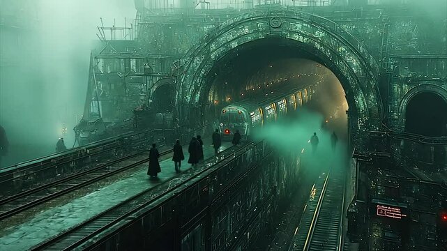 Foggy, decaying railway bridge with approaching train and mysterious figures