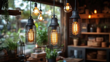 Obraz premium Rustic Industrial Cage Pendant Lights Illuminating a Greenhouse Setting