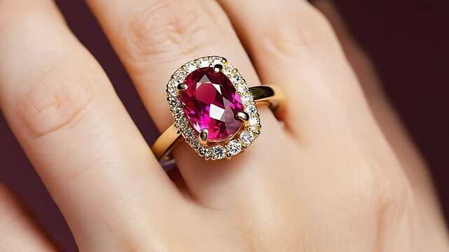 Woman's hand wearing ruby diamond ring