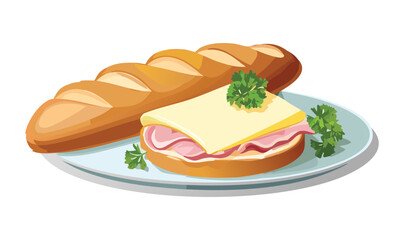 Baguette bread and Croque Monsieur Ham Cheese sauce - Vector Illustration