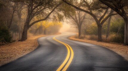 Fototapeta premium Misty autumn road curving through a wooded area