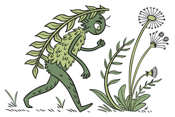 49 Nature monster, plant creature, botanical face, wildflower eyes, grass body, fern arms, dandelion hair, whimsical garden beast, anthropomorphic flora, green character, organic sculpture, fantastica