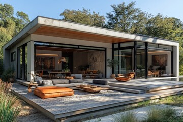 
Exterior view of a modern New Zealand house with glass sliding doors leading to a wooden deck, showcasing cozy interior furniture and decor against a blue sky backdrop.