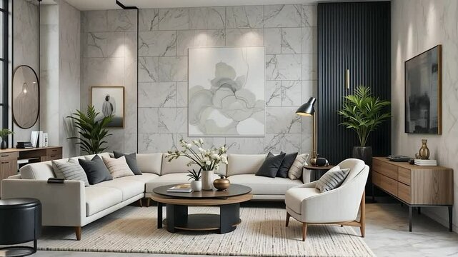 Sophisticated living room with marble textures and neutral palette refinement