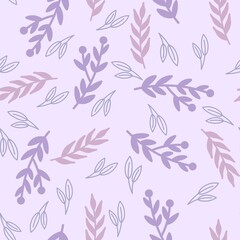 Seamless Autumn Botanical Pattern with Hand Drawn Leaves in Soft Purple Pastel
