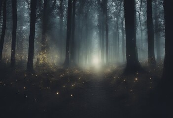 Obraz premium path dark magical forest night scary panorama skittish nature shadow foggy misty banner horror fiction strange black mystery scarey panoramic light mysterious background fog magic surreal road