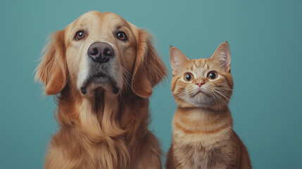 Close-up of a golden retriever dog and an orange cat sitting side by side, looking at the camera. AI Generated Images