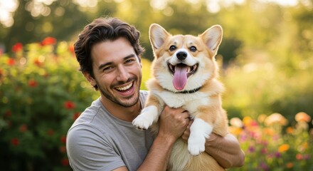 Obraz premium Man and Corgi Duo: A Joyful Embrace - A happy man holds his adorable corgi, symbolizing friendship, love, companionship, joy, and pure happiness. The evokes feelings of warmth and connection