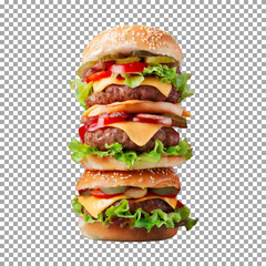 A very tall hamburger, Ultimate Burger Tower with Cheese, Lettuce, and Tomato on transparent background, png, psd
