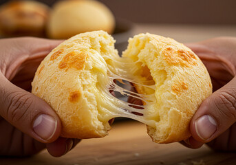 Pão de queijo recheado sendo aberto com queijo derretido puxando no interior. Close-up detalhado da textura crocante e macia desse clássico da culinária mineira. Fotografia tentadora.