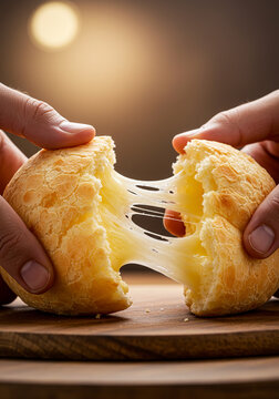 P&atilde;o de queijo recheado sendo aberto com queijo derretido puxando no interior. Close-up detalhado da textura crocante e macia desse cl&aacute;ssico da culin&aacute;ria mineira. Fotografia tentadora.