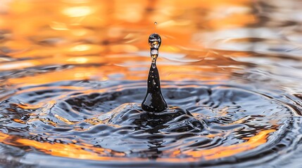 A water droplet's impact, creating ripples and reflections in the light.