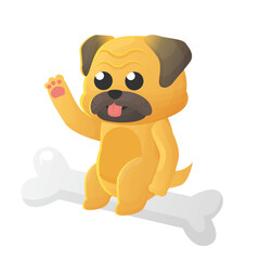 Little cute puppy bulldog sit in bone with waving hand pose flat art vector design illustration cute simple style. Perfect for animal or kid asset template sticker and books cover