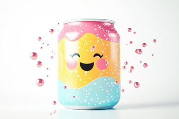 A cheerful, colorful can of soda with a cute smiley face design, surrounded by pink bubbles.