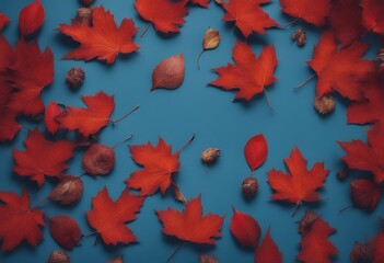 background view blue top fall leaves red food november autumn celebration copy space table thanksgiving pumpkin halloween squash harvest vintage season frame orange white decor wood october