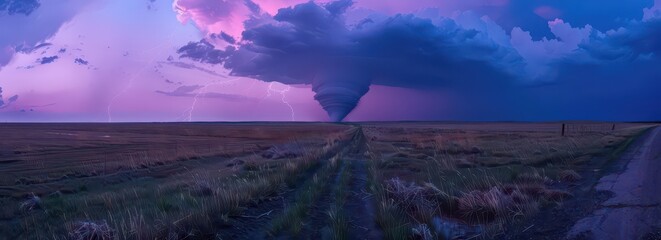 A dramatic storm cloud formation over a flat landscape, illuminated by lightning and twilight colors.