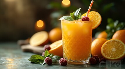 Fototapeta premium Refreshing orange juice drink with raspberries and mint