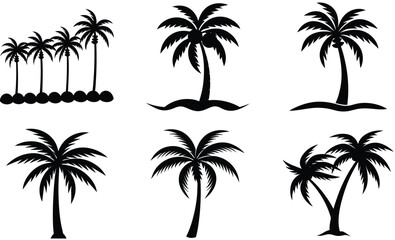 Fototapeta premium Set of Coconut trees vector silhouette on a tropical beach at sunset with ocean and summer vacation vibe