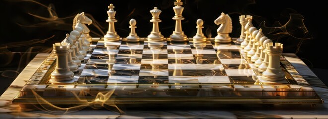 A chessboard with pieces set up, illuminated with a smoky background.
