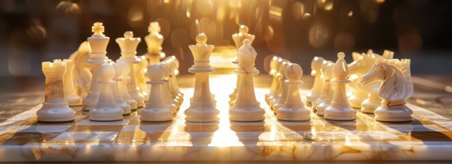 A chessboard with white pieces illuminated by sunlight, creating a serene atmosphere.