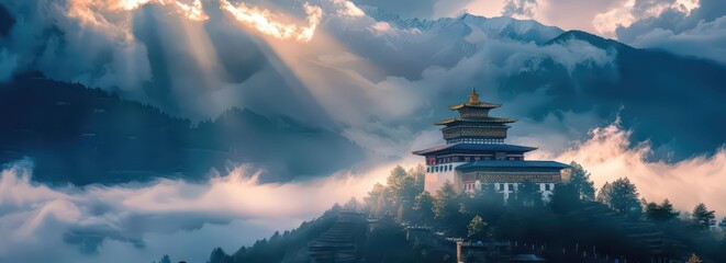 A serene mountain scene featuring a temple surrounded by clouds and rays of sunlight.