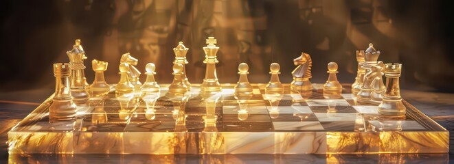 A translucent chess set on a reflective board, illuminated by warm light.