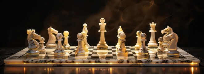 A beautifully arranged chess set on a marble board, illuminated with dramatic lighting.