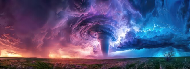 A dramatic storm with swirling clouds and lightning illuminating the sky at sunset.