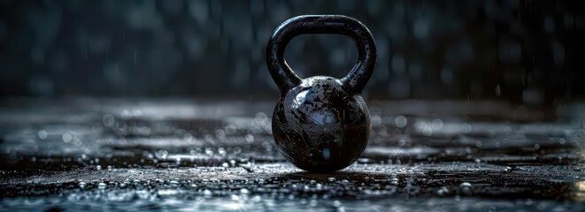 A black kettlebell sits on a wet surface, emphasizing fitness and strength training.