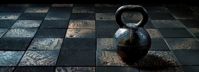 A kettlebell rests on textured floor tiles, symbolizing fitness and strength training.